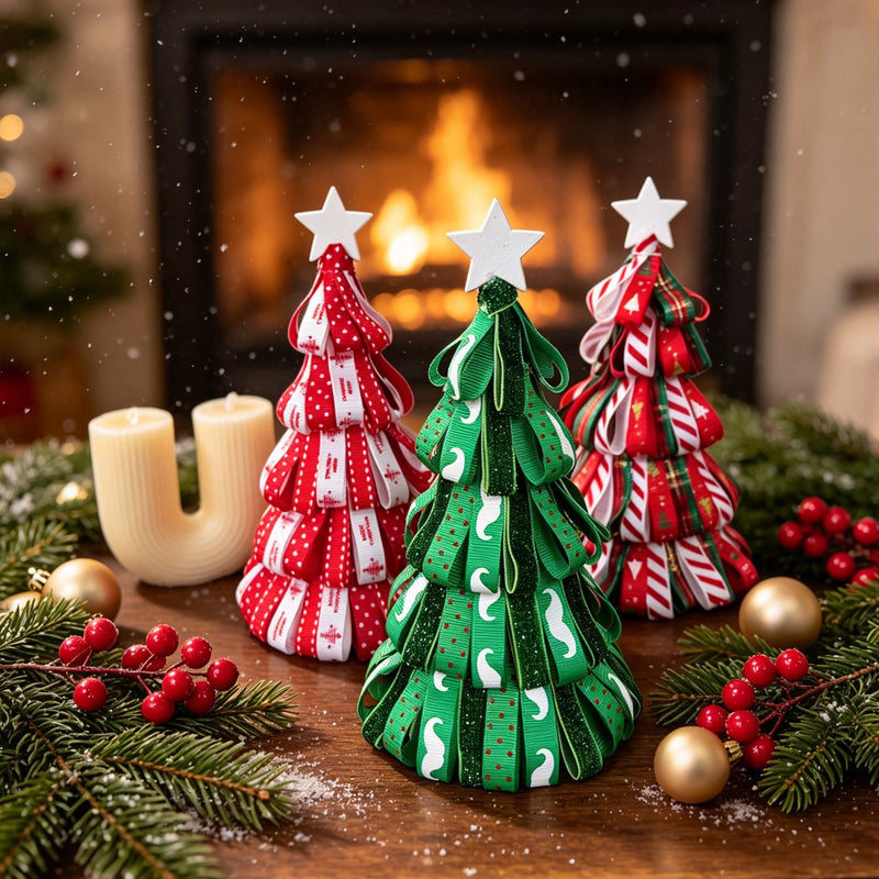 Mini Christmas Ribbon Tree Decor - 7" Tabletop Fireplace Centerpiece, Holiday Tray Arrangement for Weddings, Home & Seasonal Displays (3 Styles)