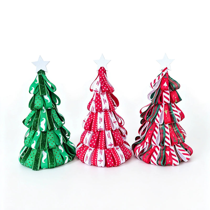 Mini Christmas Ribbon Tree Decor - 7" Tabletop Fireplace Centerpiece, Holiday Tray Arrangement for Weddings, Home & Seasonal Displays (3 Styles)