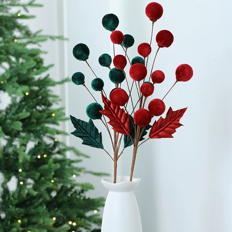 Velvet-Wrapped Faux Berries Stems, 22"  Christmas Decor, DIY Wedding Centerpieces, Home Vase Fillers, Holiday Party Arrangements