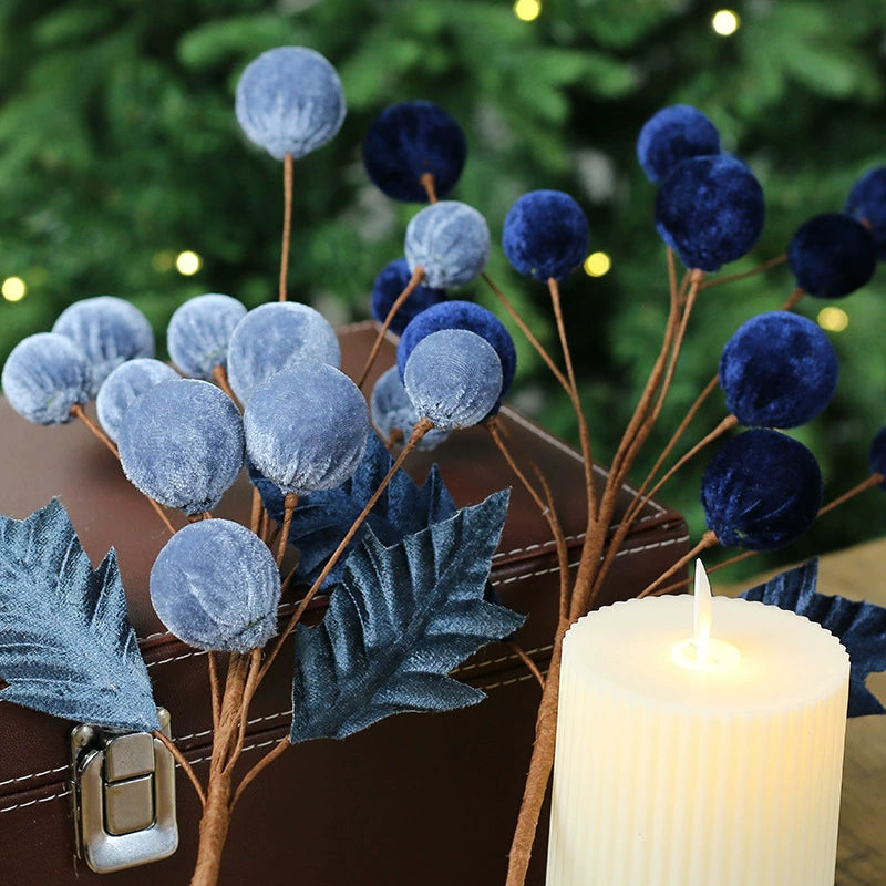 Velvet-Wrapped Faux Berries Stems, 22"  Christmas Decor, DIY Wedding Centerpieces, Home Vase Fillers, Holiday Party Arrangements