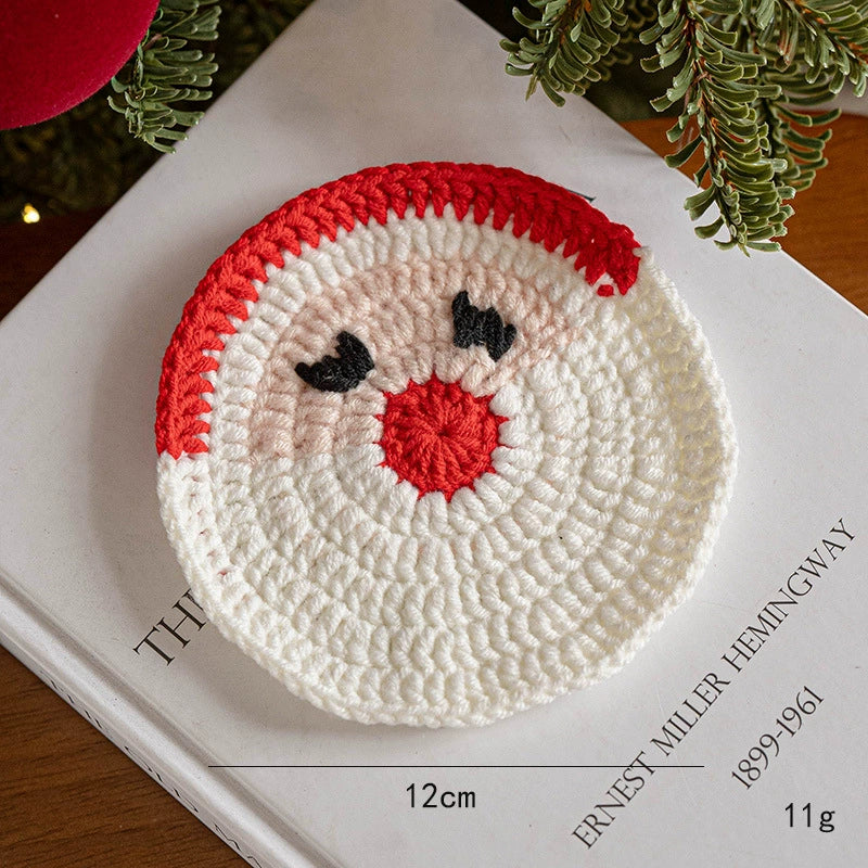 Hand-Knitted Christmas Coaster Set (5" Diameter) - 6 Holiday Designs, Heat-Resistant & Non-Slip Table Decor, Festive Gift for Home, Office, or Party