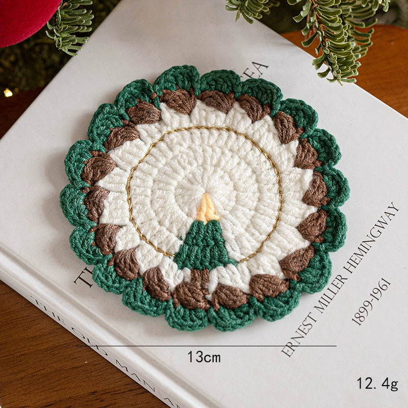 Hand-Knitted Christmas Coaster Set (5" Diameter) - 6 Holiday Designs, Heat-Resistant & Non-Slip Table Decor, Festive Gift for Home, Office, or Party