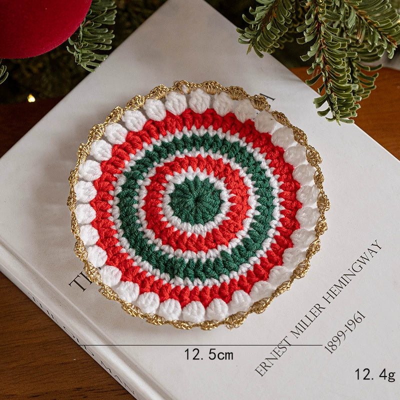 Hand-Knitted Christmas Coaster Set (5" Diameter) - 6 Holiday Designs, Heat-Resistant & Non-Slip Table Decor, Festive Gift for Home, Office, or Party