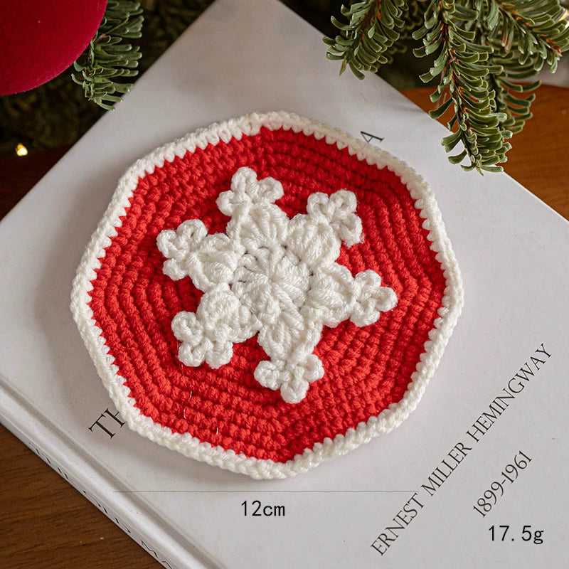 Hand-Knitted Christmas Coaster Set (5" Diameter) - 6 Holiday Designs, Heat-Resistant & Non-Slip Table Decor, Festive Gift for Home, Office, or Party
