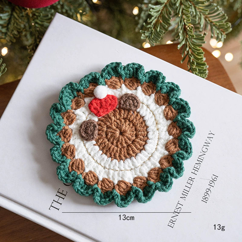 Hand-Knitted Christmas Coaster Set (5" Diameter) - 6 Holiday Designs, Heat-Resistant & Non-Slip Table Decor, Festive Gift for Home, Office, or Party