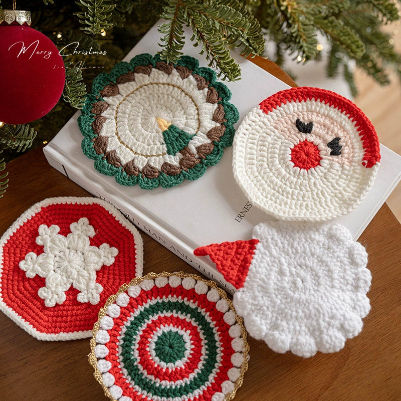 Hand-Knitted Christmas Coaster Set (5" Diameter) - 6 Holiday Designs, Heat-Resistant & Non-Slip Table Decor, Festive Gift for Home, Office, or Party