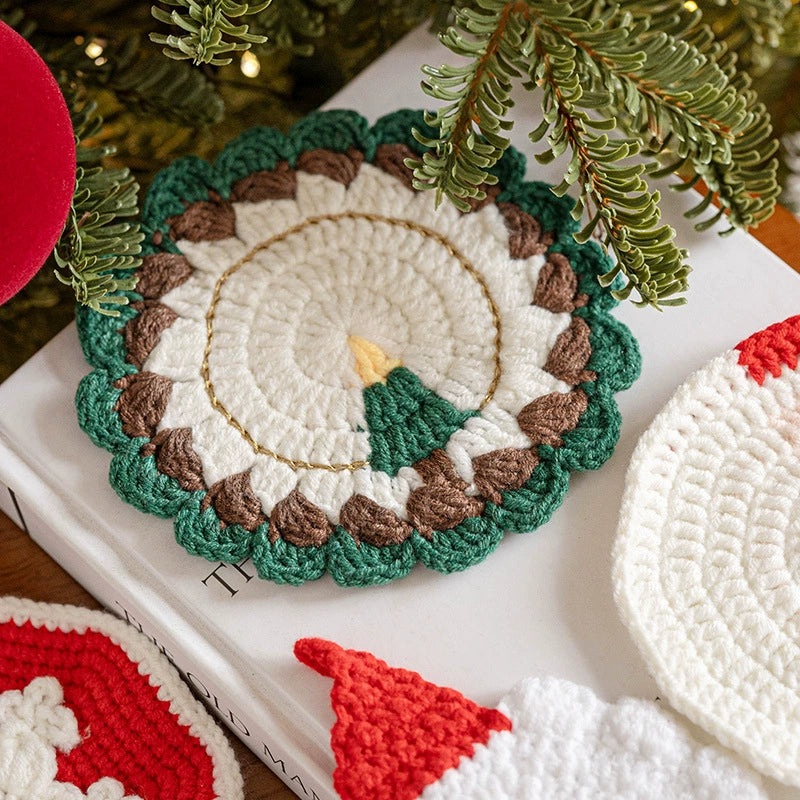 Hand-Knitted Christmas Coaster Set (5" Diameter) - 6 Holiday Designs, Heat-Resistant & Non-Slip Table Decor, Festive Gift for Home, Office, or Party