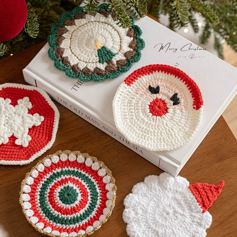 Hand-Knitted Christmas Coaster Set (5" Diameter) - 6 Holiday Designs, Heat-Resistant & Non-Slip Table Decor, Festive Gift for Home, Office, or Party