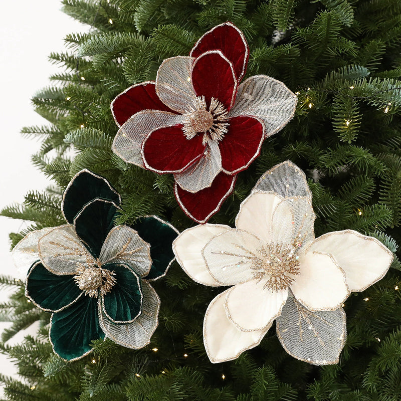 9" Glittered Poinsettia Spray - Real Touch Artificial Flower for Christmas Decor, Wedding Centerpieces, Holiday Table Arrangements (Burgundy, Green, Ivory)