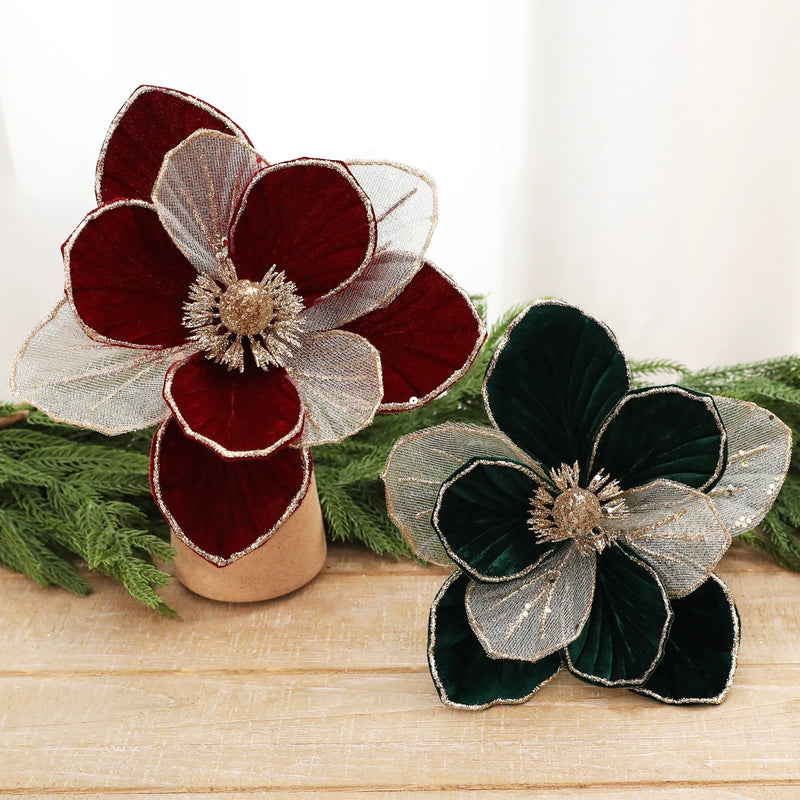9" Glittered Poinsettia Spray - Real Touch Artificial Flower for Christmas Decor, Wedding Centerpieces, Holiday Table Arrangements (Burgundy, Green, Ivory)