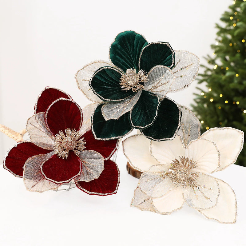 9" Glittered Poinsettia Spray - Real Touch Artificial Flower for Christmas Decor, Wedding Centerpieces, Holiday Table Arrangements (Burgundy, Green, Ivory)