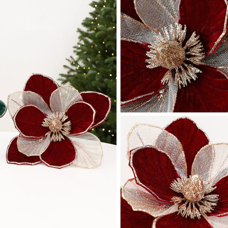9" Glittered Poinsettia Spray - Real Touch Artificial Flower for Christmas Decor, Wedding Centerpieces, Holiday Table Arrangements (Burgundy, Green, Ivory)