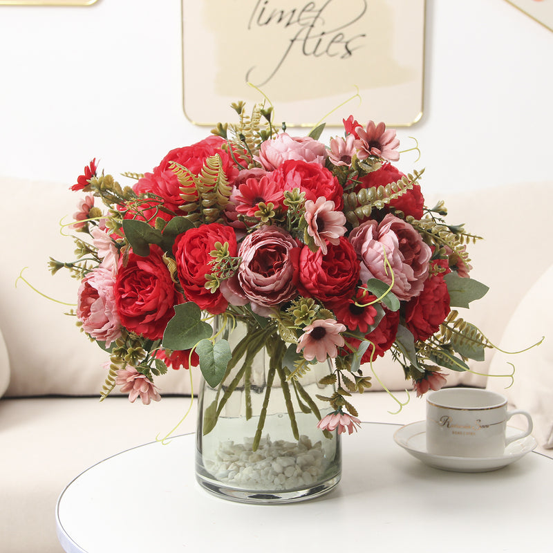 Silk Peony Bouquet, 13" Tall, Real-Touch Artificial Flowers for Weddings, Home Decor, and Event Styling