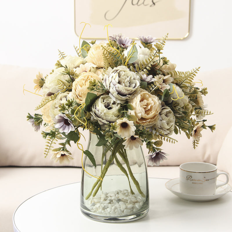 Silk Peony Bouquet, 13" Tall, Real-Touch Artificial Flowers for Weddings, Home Decor, and Event Styling