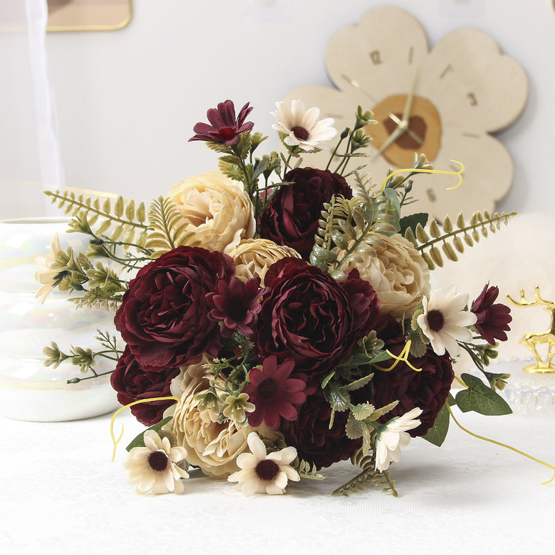 Silk Peony Bouquet, 13" Tall, Real-Touch Artificial Flowers for Weddings, Home Decor, and Event Styling