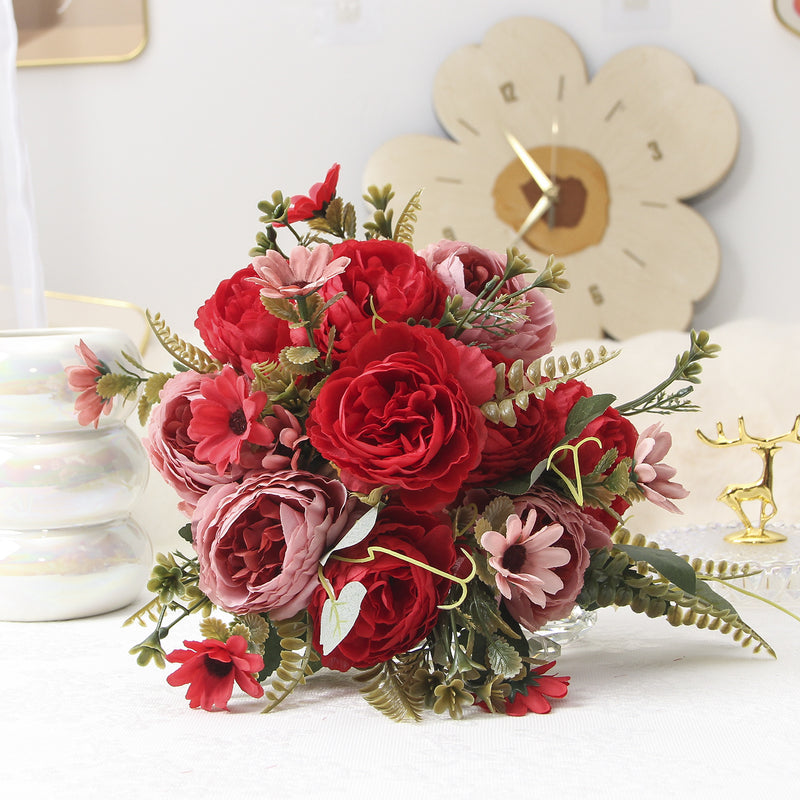 Silk Peony Bouquet, 13" Tall, Real-Touch Artificial Flowers for Weddings, Home Decor, and Event Styling