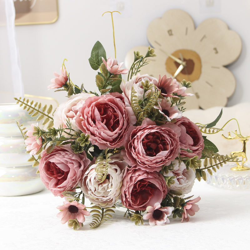 Silk Peony Bouquet, 13" Tall, Real-Touch Artificial Flowers for Weddings, Home Decor, and Event Styling