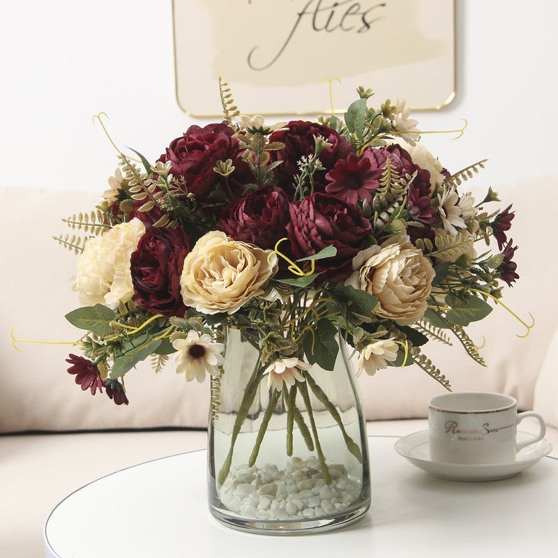 Silk Peony Bouquet, 13" Tall, Real-Touch Artificial Flowers for Weddings, Home Decor, and Event Styling