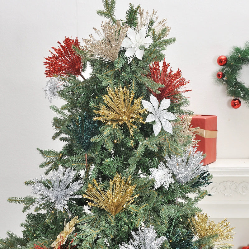 Set of 5 Glittered Christmas Faux Flowers, 14" Seasonal Decor for Holiday Arrangements, Wedding Centerpieces, and Home Vases