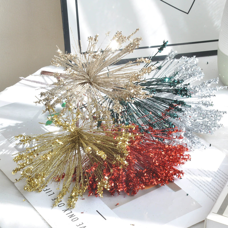 Set of 5 Glittered Christmas Faux Flowers, 14" Seasonal Decor for Holiday Arrangements, Wedding Centerpieces, and Home Vases