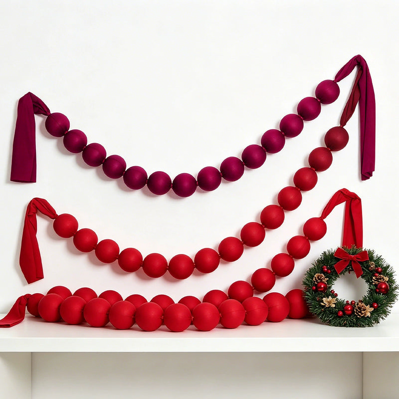 Red Fabric Ball Garland, 91" Length with 18 Balls (3" Each) - Christmas Decor, Holiday Party, Wedding Arch, Home & Store Display