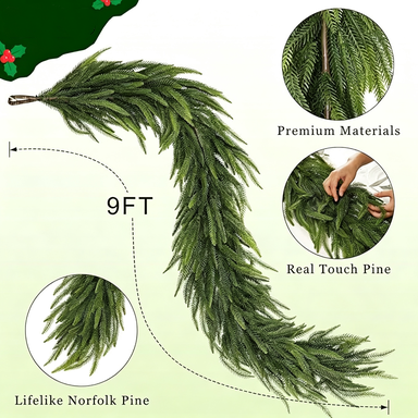 Christmas Norfolk Pine Garland, 106" PE Artificial Pine Garland, Holiday Decor, Indoor Vase Arrangement, Wedding & Event Decor