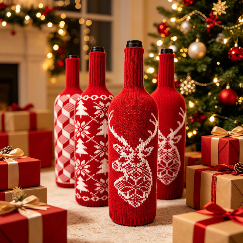 Christmas Wool Knit Wine Bottle Cover, 11" Tall x 4.5" Wide, Warm Holiday Decor for Home, Weddings, Events, Bulk Discounts Available