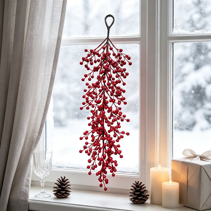 Realistic Red Berry Wall Hanging, 24" Long, Faux Greenery for Christmas Decor, Weddings, Home Decor, and Seasonal Events
