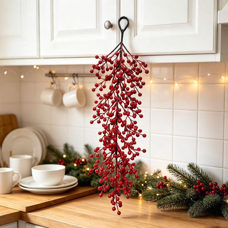 Realistic Red Berry Wall Hanging, 24" Long, Faux Greenery for Christmas Decor, Weddings, Home Decor, and Seasonal Events