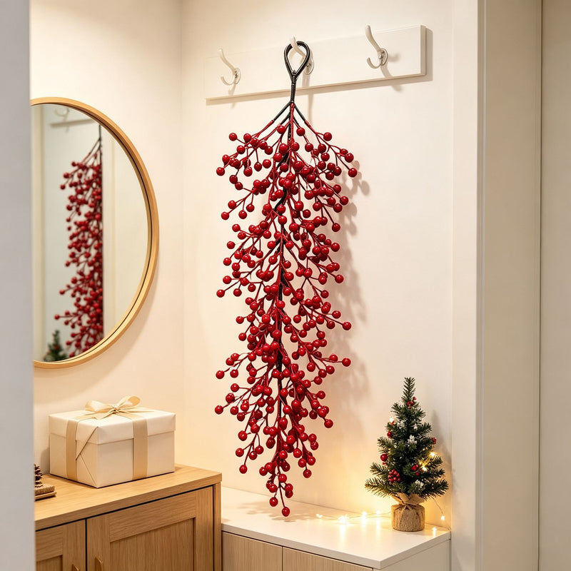 Realistic Red Berry Wall Hanging, 24" Long, Faux Greenery for Christmas Decor, Weddings, Home Decor, and Seasonal Events
