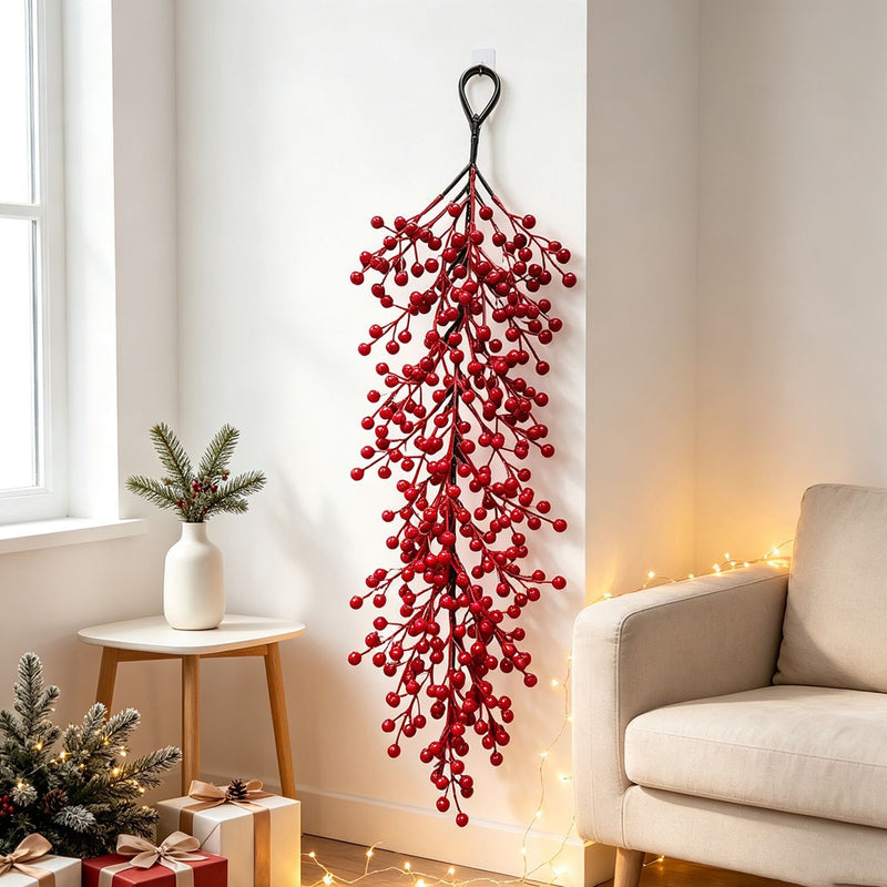 Realistic Red Berry Wall Hanging, 24" Long, Faux Greenery for Christmas Decor, Weddings, Home Decor, and Seasonal Events