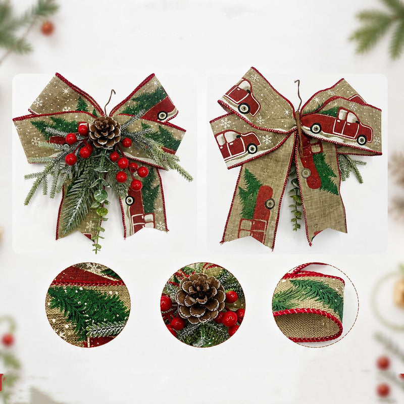 Christmas Bow Ornament with Berries & Pinecones, 9" Wide Burlap Holiday Decor for Tree, Wreath, Mantel & Table Centerpiece