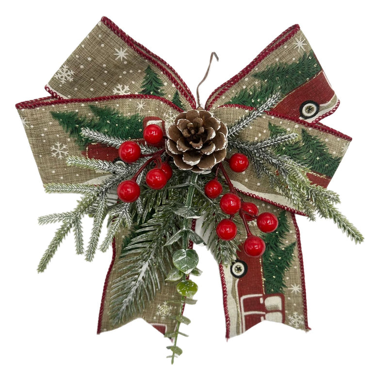 Christmas Bow Ornament with Berries & Pinecones, 9" Wide Burlap Holiday Decor for Tree, Wreath, Mantel & Table Centerpiece