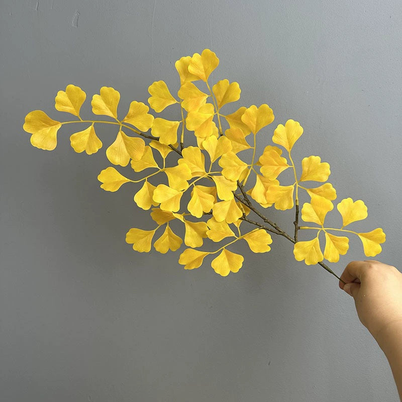 Artificial Ginkgo Leaf Branch, 18" Long, Realistic Yellow & Green Faux Foliage for Vase Arrangements, Home Decor, Wedding & Event Styling