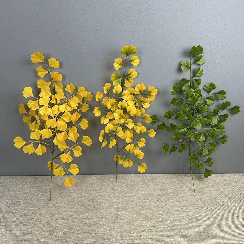 Artificial Ginkgo Leaf Branch, 18" Long, Realistic Yellow & Green Faux Foliage for Vase Arrangements, Home Decor, Wedding & Event Styling