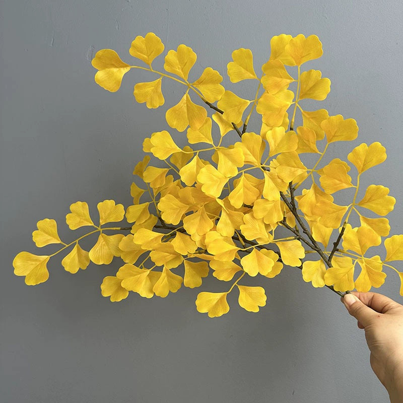 Artificial Ginkgo Leaf Branch, 18" Long, Realistic Yellow & Green Faux Foliage for Vase Arrangements, Home Decor, Wedding & Event Styling