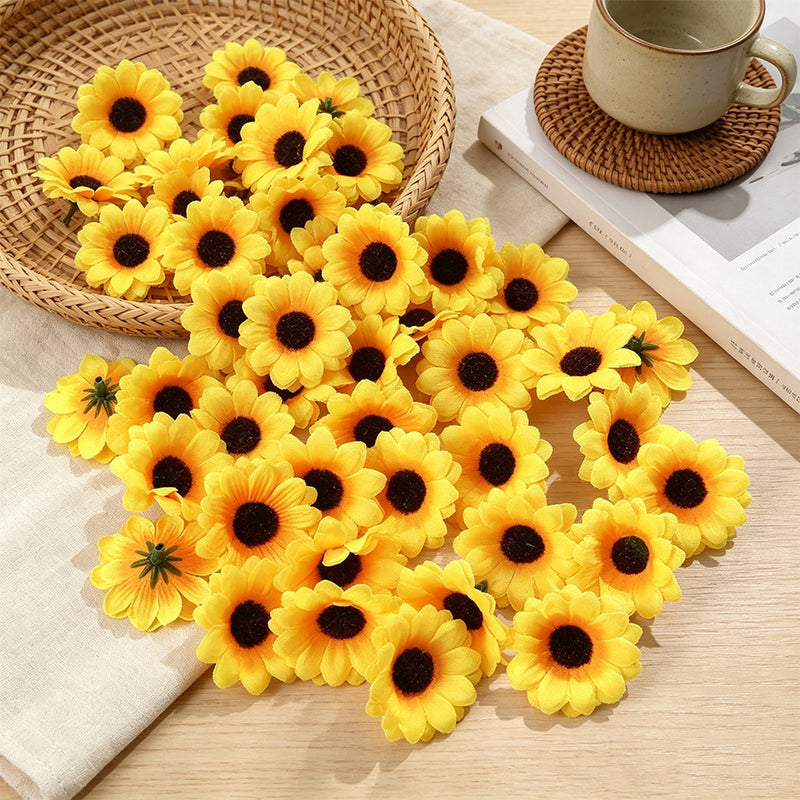 50 Bulk Sunflower Bouquet Heads, 1.8" Silk Artificial Flowers for DIY Wedding Decor, Home Arrangements, Centerpieces & Boutique Displays