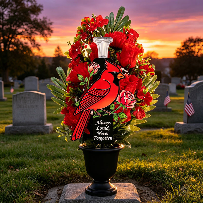 28" Artificial Large Cemetery Flowers Chrysanthemum Mixed Rose Buds and Solar Cardinal Memorial Stakes for Graves Sympathy Gift for Loss of Father Dad, Mom, Grandma