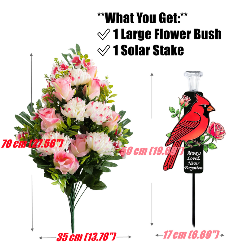 28" Artificial Large Cemetery Flowers Chrysanthemum Mixed Rose Buds and Solar Cardinal Memorial Stakes for Graves Sympathy Gift for Loss of Father Dad, Mom, Grandma