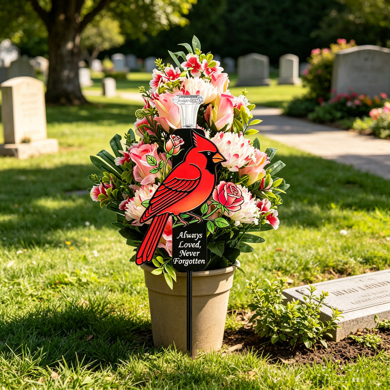 28" Artificial Large Cemetery Flowers Chrysanthemum Mixed Rose Buds and Solar Cardinal Memorial Stakes for Graves Sympathy Gift for Loss of Father Dad, Mom, Grandma