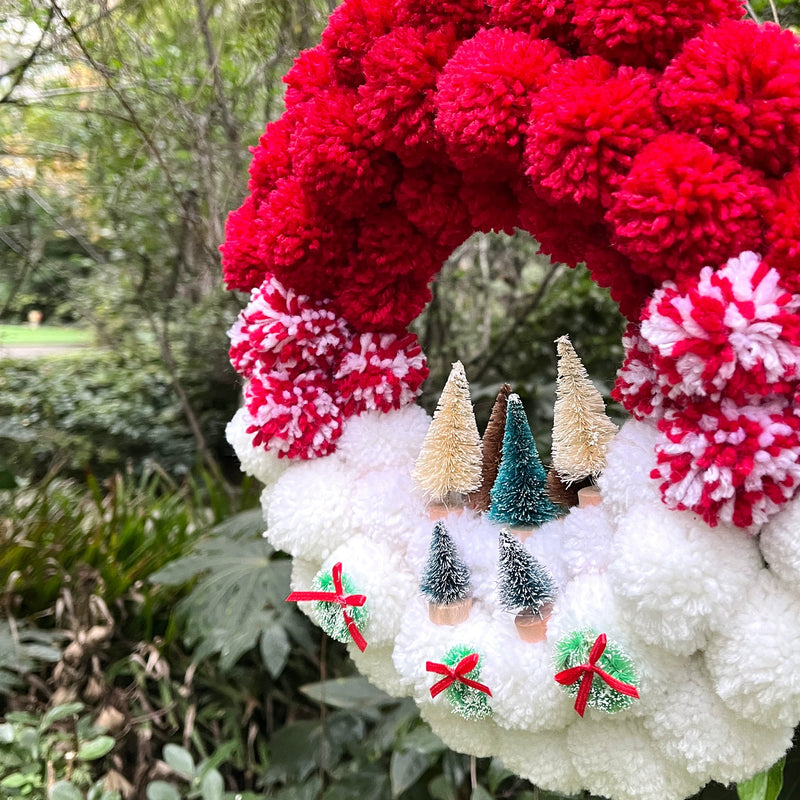 12" Fluffy Yarn Ball Christmas Wreath - Holiday Door Hanger, Wall Decor for Home, Wedding & Commercial Displays