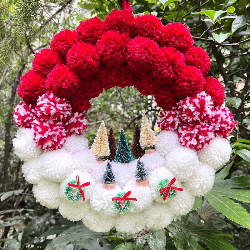 12" Fluffy Yarn Ball Christmas Wreath - Holiday Door Hanger, Wall Decor for Home, Wedding & Commercial Displays