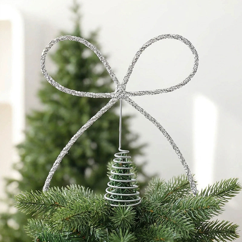 Glitter Crystal Bow Tree Topper Star - 10" Metal Christmas Decoration in Gold, Silver, Red - Perfect for Holiday Decor, DIY Wedding Centerpieces & Festive Gift Wrapping