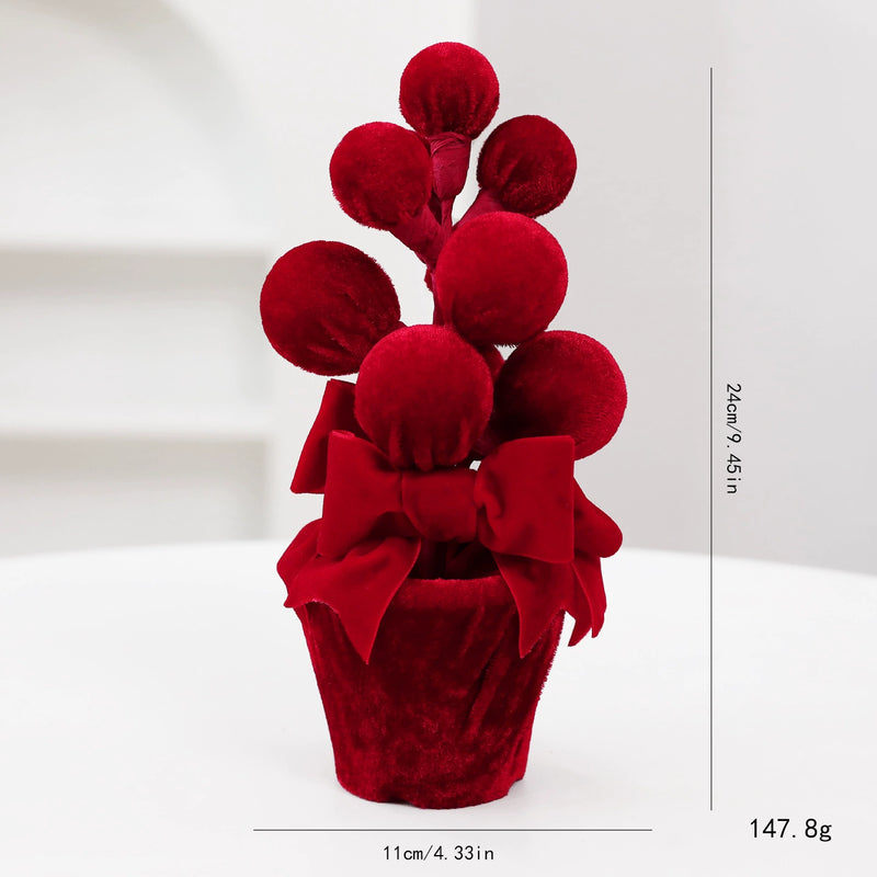 Burgundy Velvet Christmas Ball Potted Plant, Holiday Decor for Entryway, Window Display, Festive Arrangement, 4 Styles