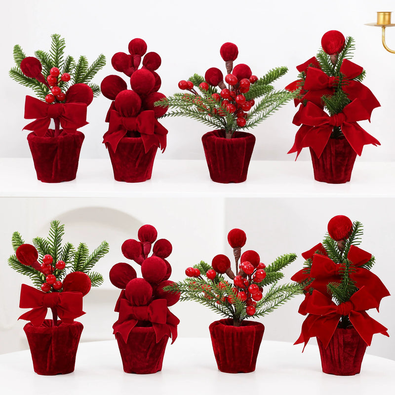 Burgundy Velvet Christmas Ball Potted Plant, Holiday Decor for Entryway, Window Display, Festive Arrangement, 4 Styles