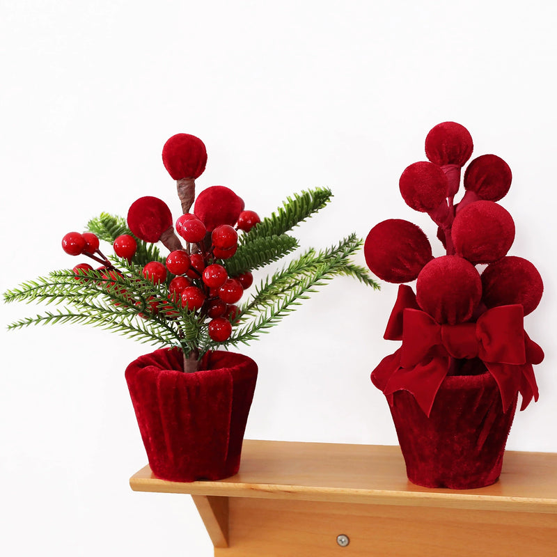 Burgundy Velvet Christmas Ball Potted Plant, Holiday Decor for Entryway, Window Display, Festive Arrangement, 4 Styles