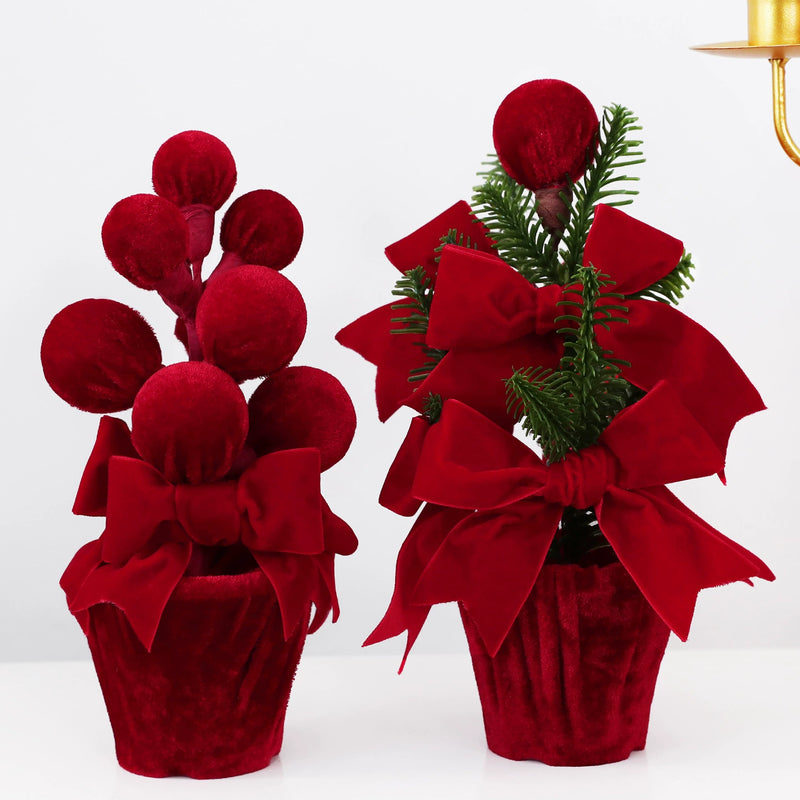 Burgundy Velvet Christmas Ball Potted Plant, Holiday Decor for Entryway, Window Display, Festive Arrangement, 4 Styles