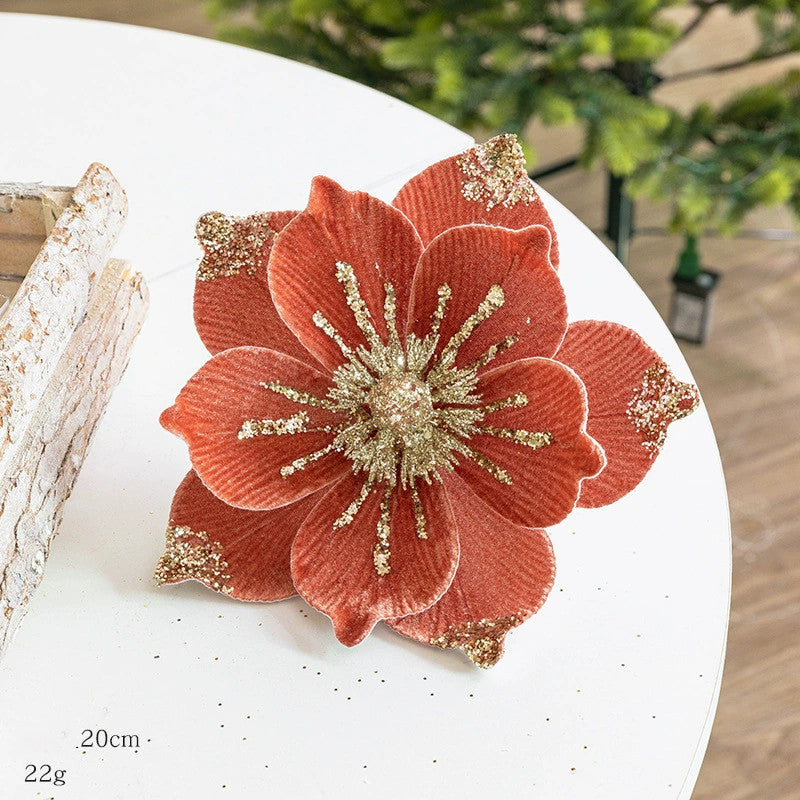 Christmas Velvet Fabric Flowers, 8" Diameter, DIY Holiday Decor, Red, Gold, Orange, Green, Champagne