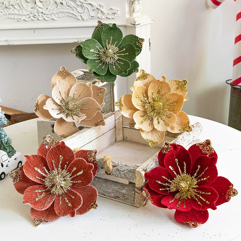 Christmas Velvet Fabric Flowers, 8" Diameter, DIY Holiday Decor, Red, Gold, Orange, Green, Champagne
