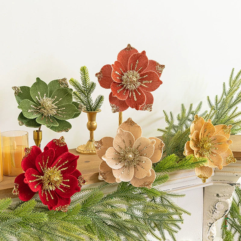 Christmas Velvet Fabric Flowers, 8" Diameter, DIY Holiday Decor, Red, Gold, Orange, Green, Champagne